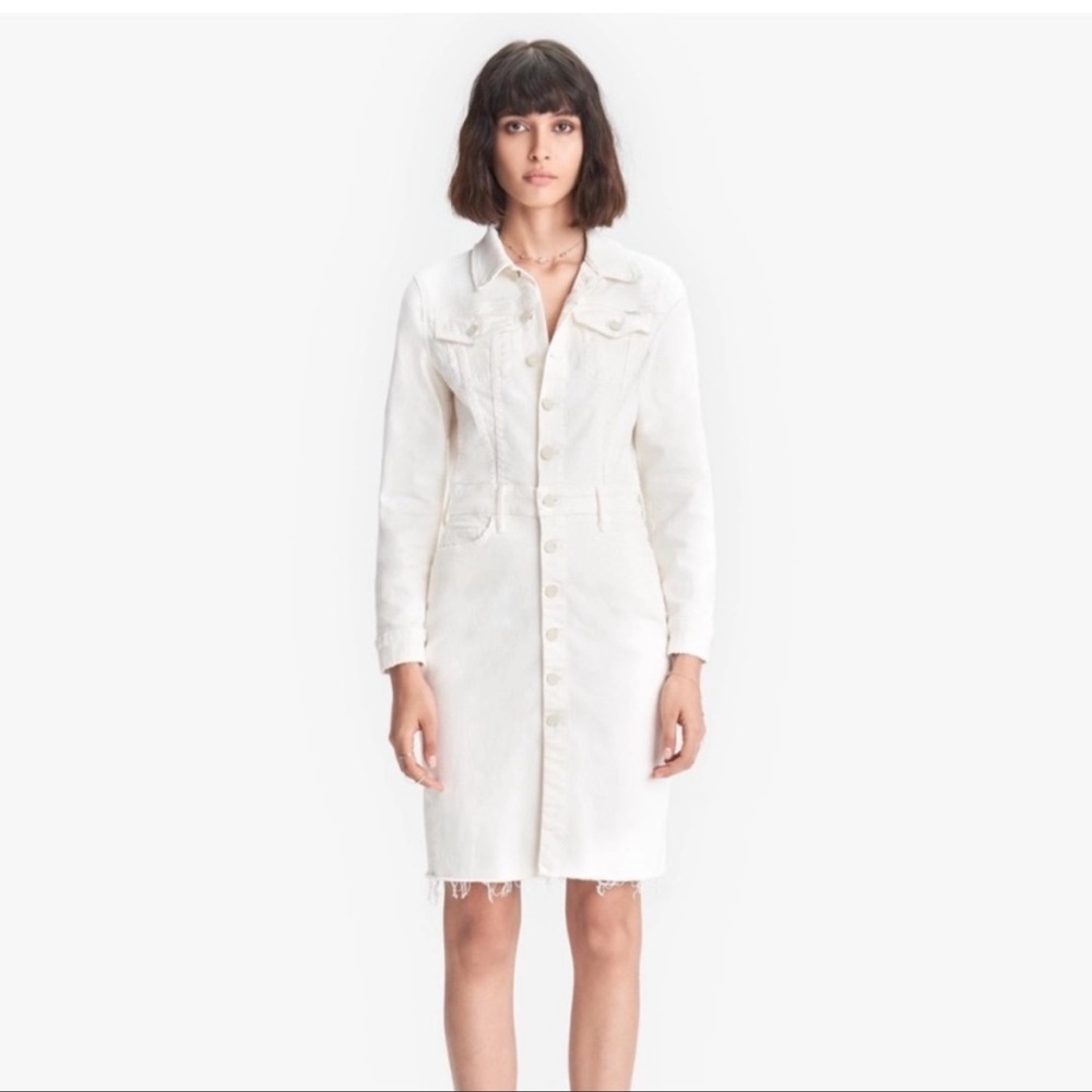 Mother The Cover Up Knee Fray denim dress. Size XS. Color Cream Puff.